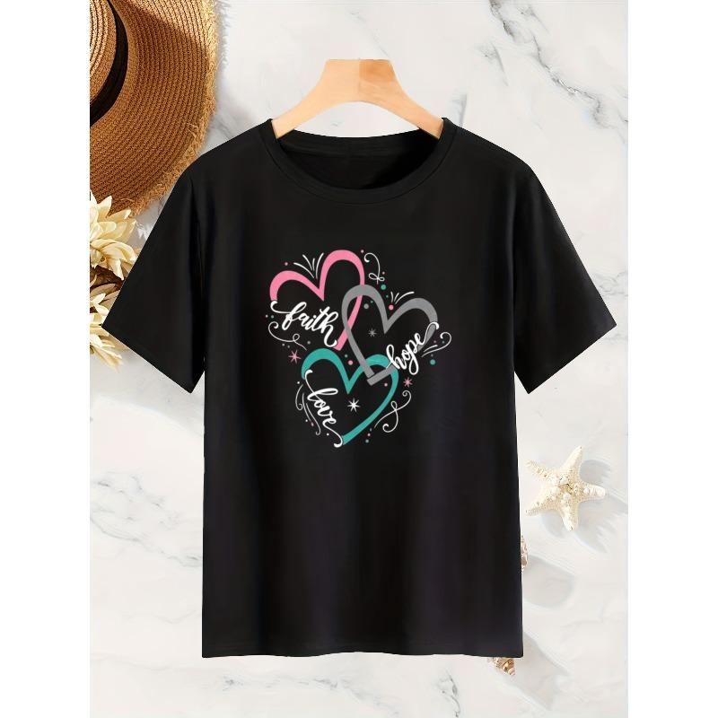 European Size Plus-size Women'S T-shirt - Faith Love Hope Letter Print | Casual Short-Sleeved Round-Neck Sweatshirt, Elegant and Romantic Top