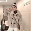 Lamb wool coat women's short autumn and winter imitation fur new brush flower thickened horn button plush coat