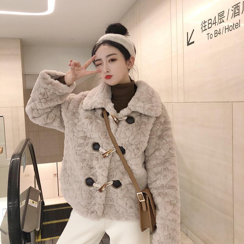 Lamb Wool Coat Women's Short Autumn and Winter Imitation Fur New Brush Flower Thickened Horn Button Plush Coat