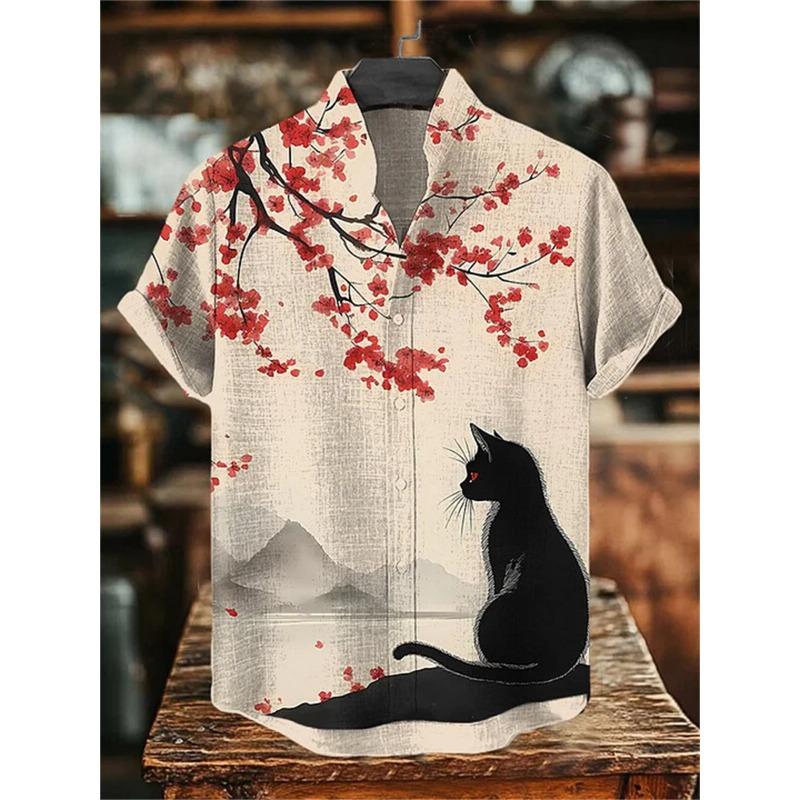 Men's short-sleeved shirt with a fun cat print, stand-up collar, single-breasted casual style. Hawaiian shirt, men's unique top.