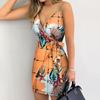 Καλοκαιρινό Γυναικείο Φόρεμα Μίνι Bodycon με Βαθύ V και Φλοράλ Φύλλα, Γυναικείο με Λεπτές Τιράντες, Μποέμ Παραλιακό, Ζώνη με Φιόγκο
