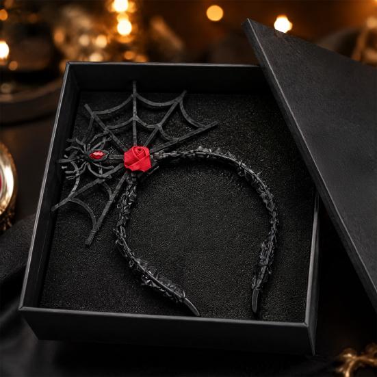 Costume Party Headpiece Halloween Spider Web Headband, Black Lace Choker Collar with Rose, Theme Photo Props Accessory for Women Girls, Gothic