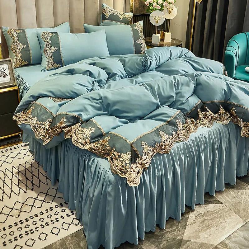 4pcs/set European Light Luxury Embroidery Lace Bed Skirt Four Piece Set Bedding Korean Princess Style Solid Nude Sleeping Comfortable Quilt Pillow Set