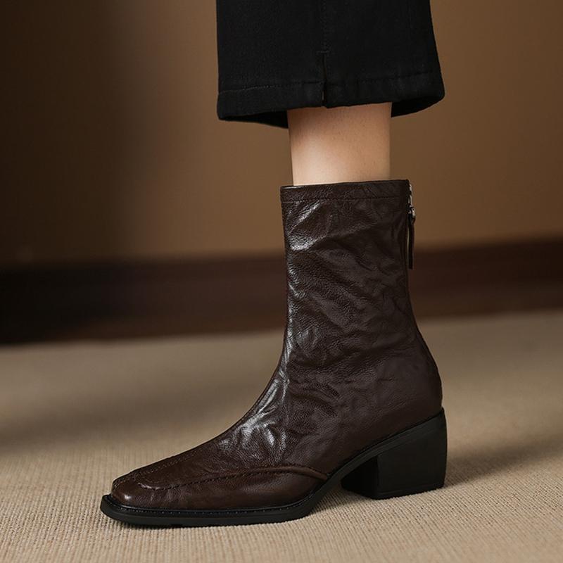 Fashion NEW Autumn Women Boots Square Toe Chunky Heel Shoes Genuine Leather Shoes for Women Short Modern Boots Daily Shoes Zipper Boots