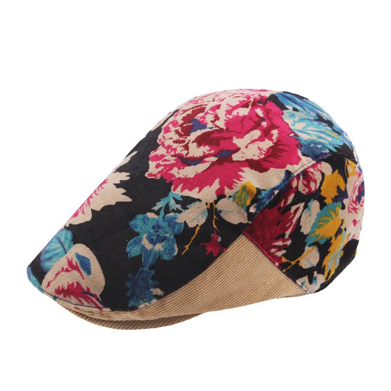 Ladies Big Flower Ethnic Wind Forward Cap Flannel Corduroy Splicing Beret Short Brim Casual Vintage Cap