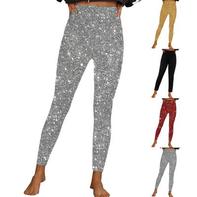 Damen Leggings mit hoher Taille, stilvoll, elegant, Stretch, schwere Pailletten, lässige Überhose