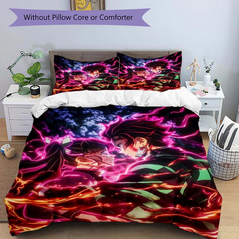 

3pcs Demon Slayer Character Pattern Bedding Three-Piece Set (1 Cover + 2 Pillowcases, No Fillings), This Printed Bedding Set Is Soft and Com 135x200cm