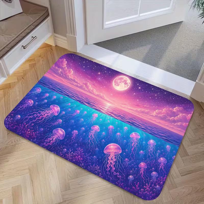 Neon Glowing Jellyfish Deep Sea Print Doormat Anti Slip Floor Mat Fantasy Ocean Style Front Door Mat Indoor Entryway Rug