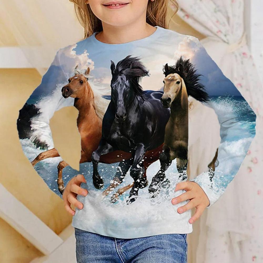 No. 11 Fashion Meisjeskleding Meisjes T-shirt Lange Mouw 3D Paard Kinderen Herfstkleding Stijlvolle Casual Kinder Tops Ronde Hals Kind Jongenskleding 130
