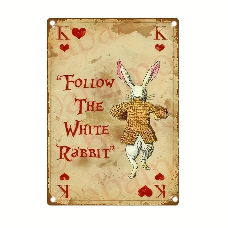 

Vintage Follow the White Rabbit Metal Wall Plaque - Rustic Iron Sign with Distressed Finish, Whimsical Rabbit & Hearts Design 20x30cm（7.8x11.8inch）