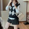Women's Diamond Plaid Pattern Knitted Vest Loose V Neck Sleeveless Pullover Tank Top Casual School Sweater Top