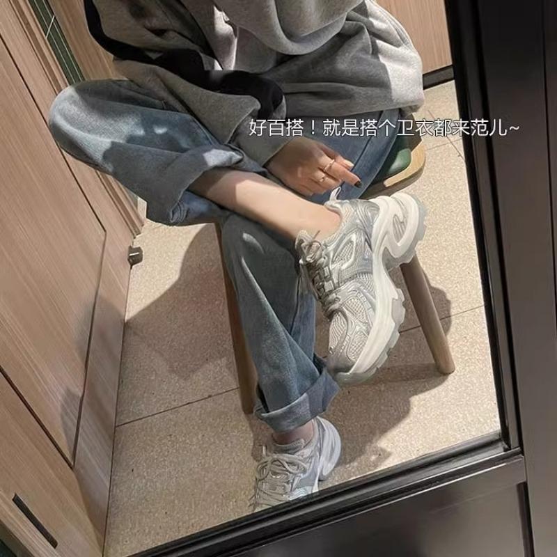 Women's shoes platform mesh breathable silver dad shoes summer new fashion heightening versatile casual sports shoes