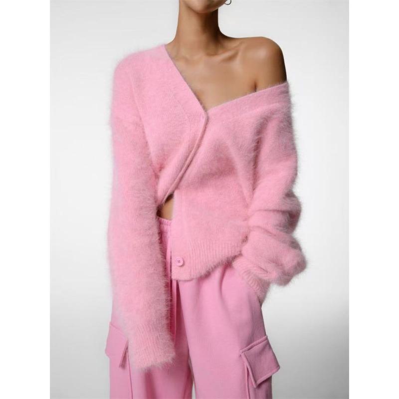 

Autumn and winter new hot-selling imitation mink cardigan women s lazy style solid color loose long-sleeved knitted jacket One size розовый