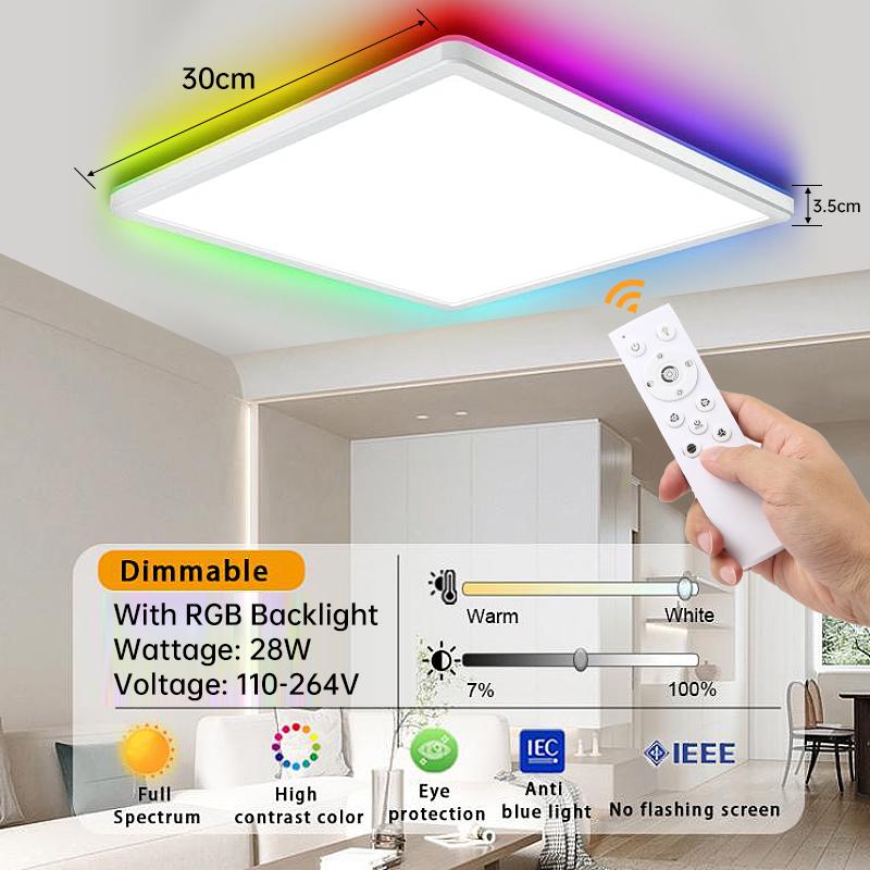 Dimbare LED-taklamper Moderne panellys med bakgrunnsbelysning Fjernkontroll 220V taklampe for hjemmebelysning