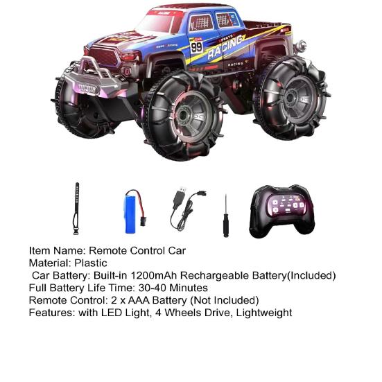 Remote Control Amphibious Off-road Car with LED Light 4WD Kids Electric 2.4GHz RC Stunt Truck Rechargeable Toddlers All-terrain Crawler Vehicle Toy
