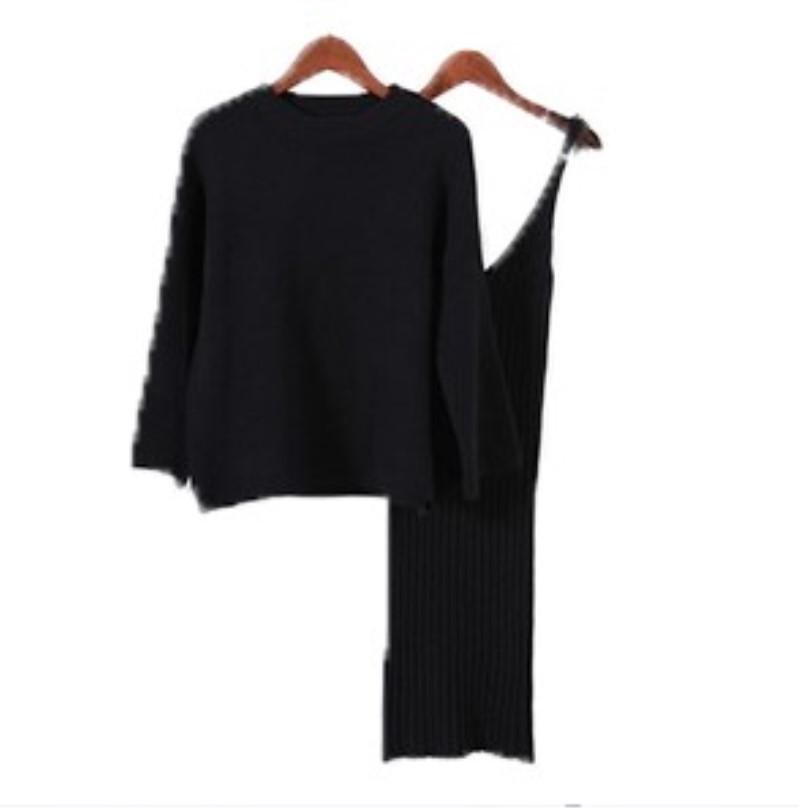 

Свободный костюм-свитер Женский пуловер и вязаное платье на бретелях без рукавов Комплект из двух предметов Весна Осень Однотонный Студенческий Модный Наряд None чёрный