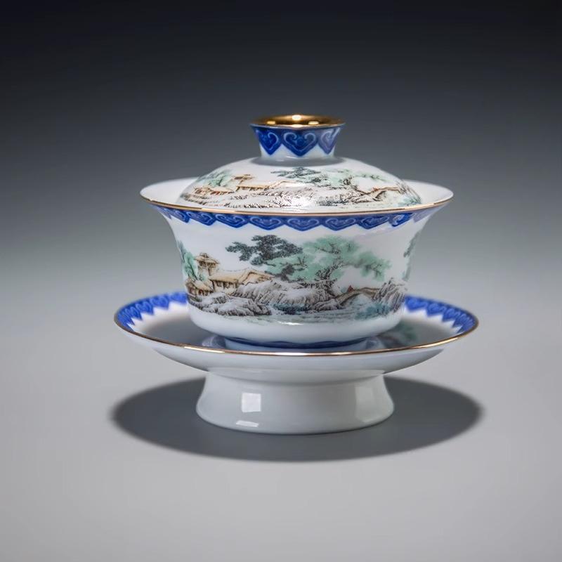 

120ml large ceramic Jingyun lid bowl enamel painted blue and white tea bowl Kung Fu tea set