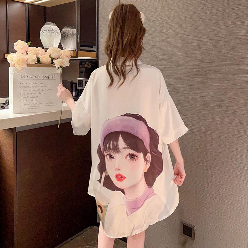 

Summer Pajamas Women S Imitation Silk Thin Short-Sleeved Nightgown Cartoon Girl Print High-End Loungewear 2XL
