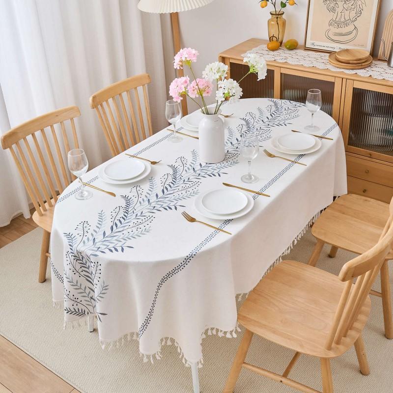 Oval Cotton Linen Blend Embroidered Tablecloth Waterproof Oil Resistant Heat Insulating Durable Coffee Table Dining