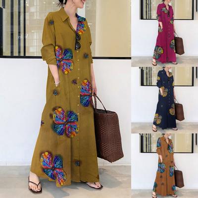 Vestido Camisa Largo Casual Estampado con Solapa para Mujer de Primavera