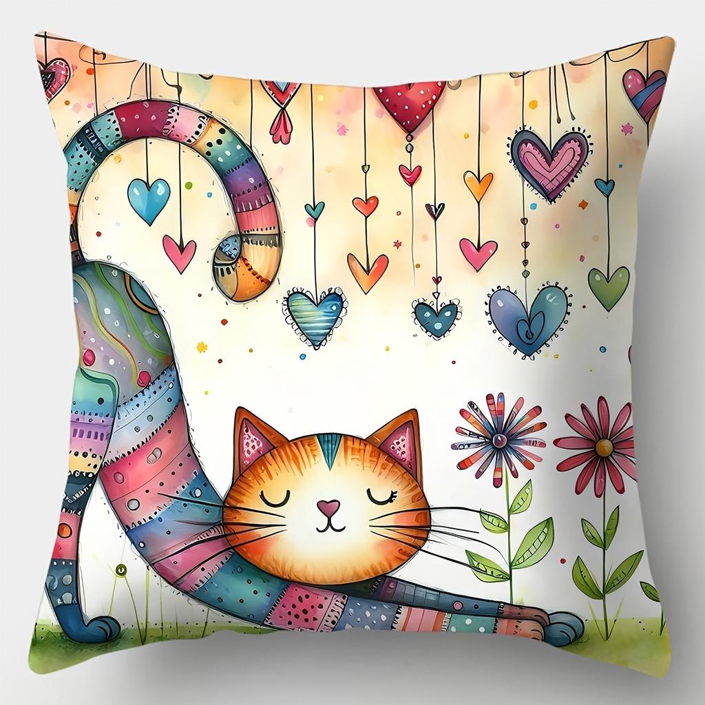 Cute Cat-Patterned Pillowcase ,Sofa Bedroom Cushion Cover, Single-sided Printing, Without Pillow Core