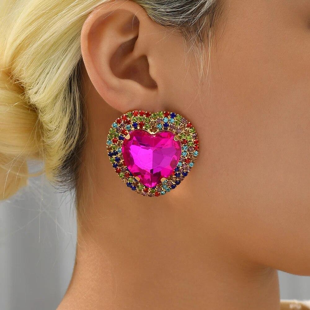 Heart Shiny Glass Charm Decor Bride Big Stud Earrings For Women Trend Luxury Fairy Romantic Wedding Party Jewelry Accessories