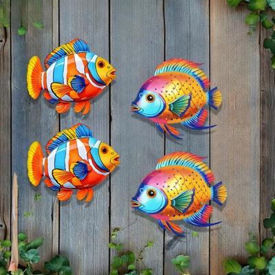2 Pcs Wooden Fish Wall Art Tropical Fish Sculpture Coastal Beach Sea Animal Wall Hanging Ornament for Bathroom Pool Patio Fence Decor