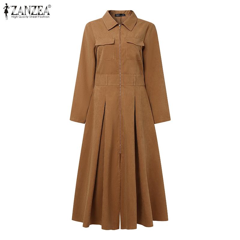 ZANZEA Women Casual Turn Down Collar Long Sleeve A-line Long Dress