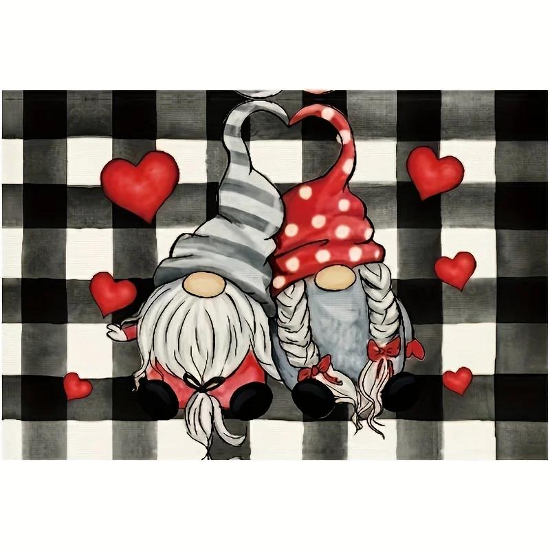 1PC Placemats Square Love Heart Buffalo Plaid Gnome Pattern Table Pads Happy Valentine's Day Theme Romantic Table Decoration