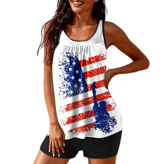 2Pcs/Set Women Tankini Set American Independence Day Print Vest Solid Color Swimming Shorts Set Swimwear