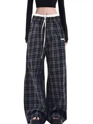 Retro Plaid Wide-leg Pants for Women with High Waist Loose Casual Pants for Floor-length