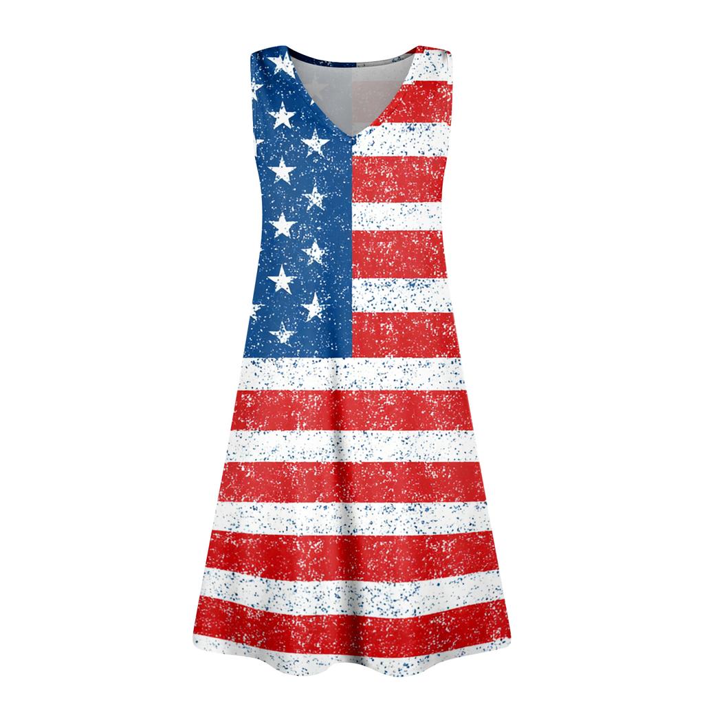 Women's Summer Casual Sun Skirt With Pocket V-Neck Independence Day Printed Loose Vest Dress