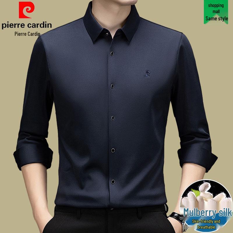 Pierre Cardin Men's Long Sleeve Mulberry Silk Shirt - Iron-Free, Plus Velvet, High-End Business Casual for Autumn/Winter