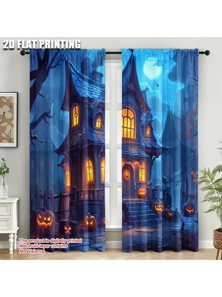 

2pc 2D plane printing Curtains Ghost House Framework Polyester Easy Install (without rod) Outdoor Decorations Perfect for 100*130 Grommet Top 1pcs