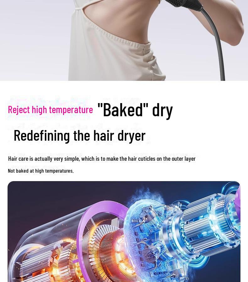 Leafless High-Speed Silent Hair Dryer with Negative Ion Technology for Home and Dorm Use.