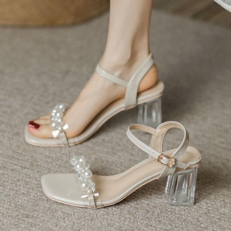 High-heeled Sandals New Pearl Square Head Transparent Thick-heeled Sandals Lady Pearl Buckle Sandals