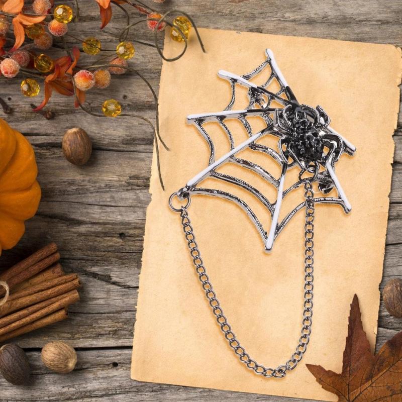 Punk Spiders Net Lapel Pin with Chain Halloween Costume Jewelry Accessories for Women Men, Punk Chain Brooch Lapel Pin