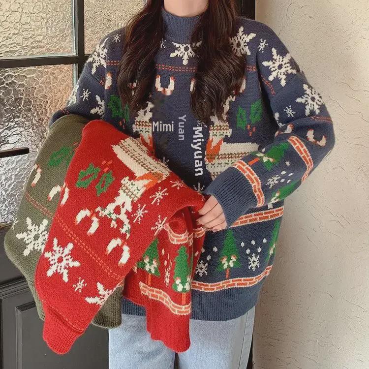 Pulover de Crăciun pentru femei cu elan roșu - Pulover gros și larg pentru iarna 2022