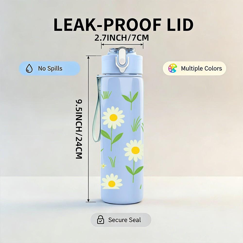 1PC Simple White Daisy Flower Group Print 750ml Color Plastic Sports Water Bottle Leakproof Flip Straw Lid Suitable for Sports Office Home Use