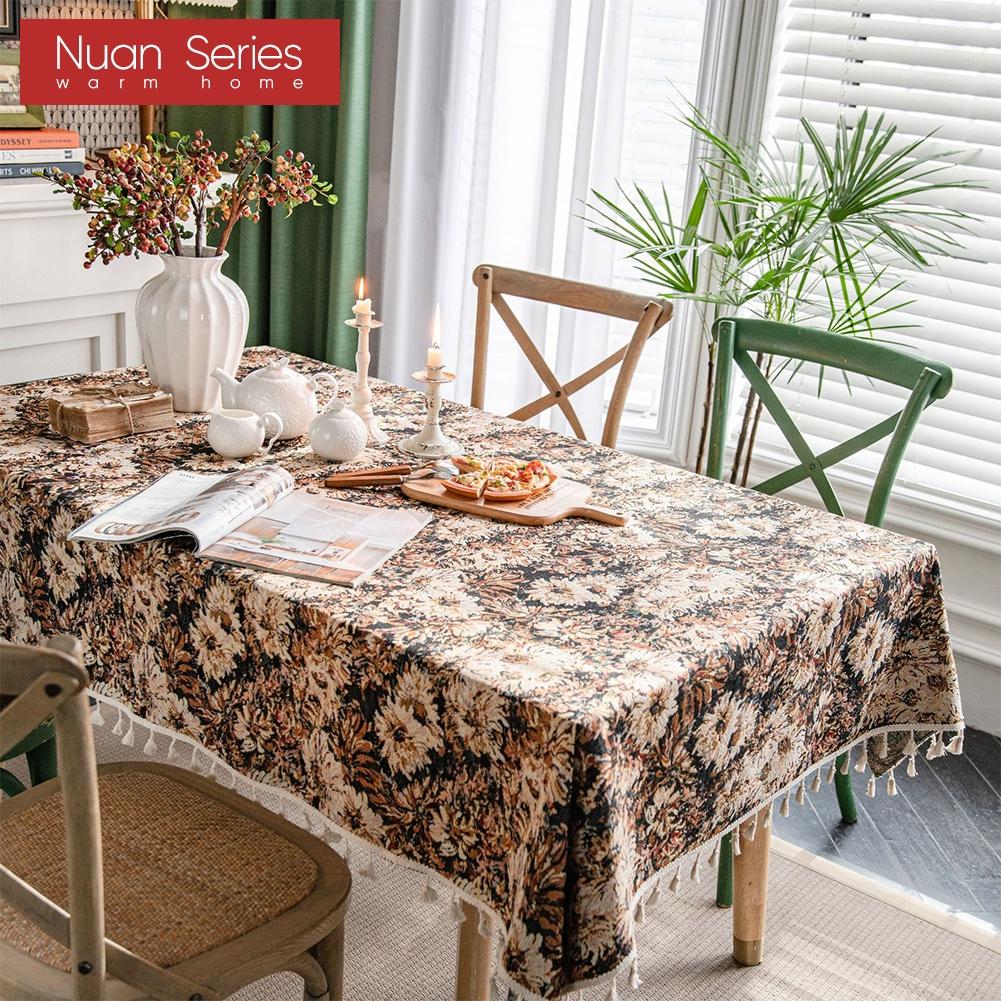 1PC Nuan Series Artistic Jacquard Romantic Style Polyester Tablecloth with Tassels for Dining Table Coffee Table Makeup Table Home Decor