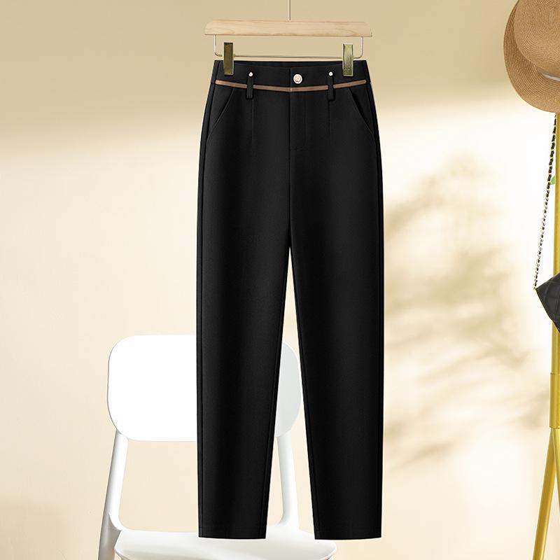 Dámské vlněné harémové kalhoty s vysokým pasem - Podzim Zima 2024, Silně podšité fleecem, Zeštíhlující, Kalhoty s rovnými nohavicemi.