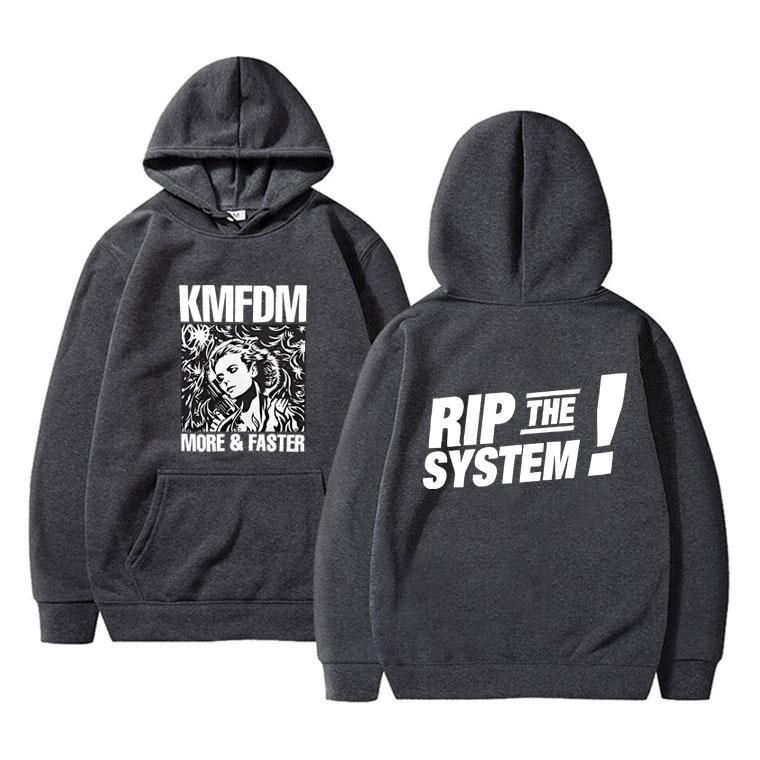 Bluza z kapturem męska z polaru w stylu vintage hardcore alternatywny rock Kmfdm More and Faster Rip The System w modzie oversize