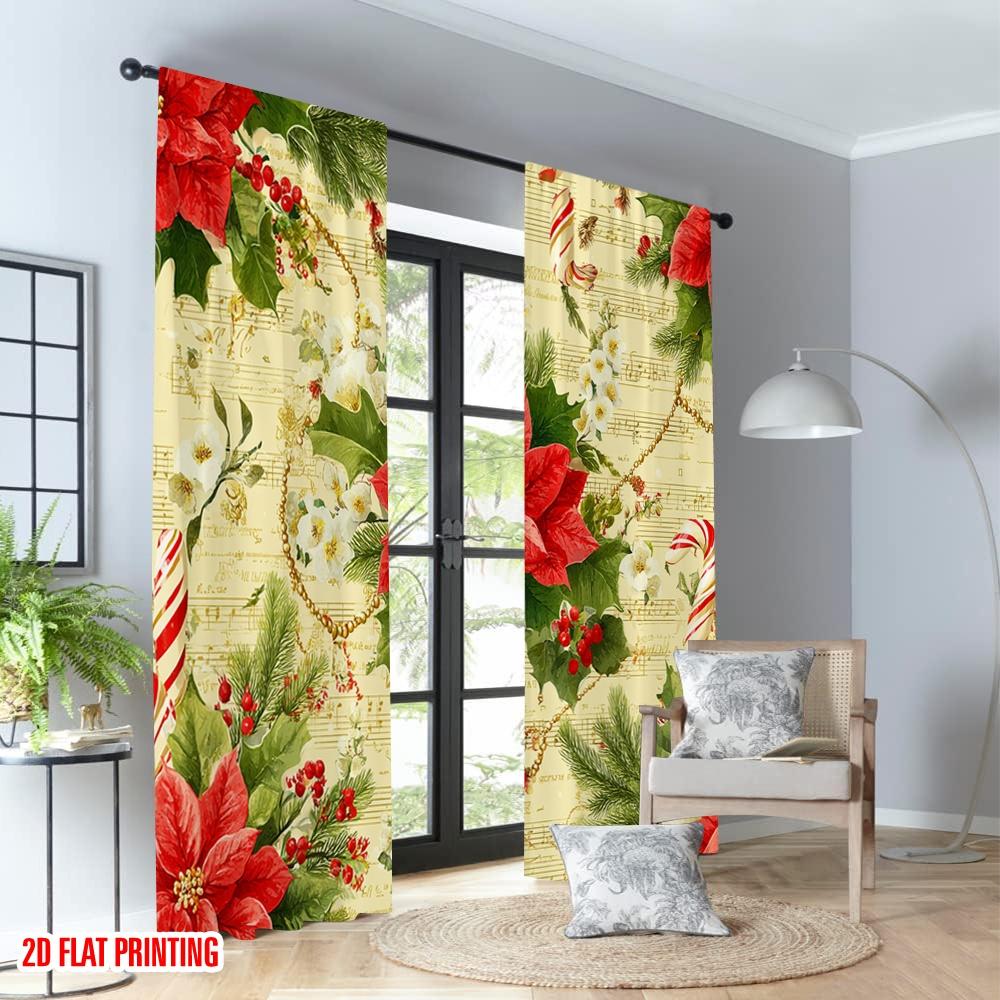 2pcs 2D flat printing Popular Christmas curtains Christmas Poinsettias Holly Garland Digital Printed Polyester Drapes Holiday