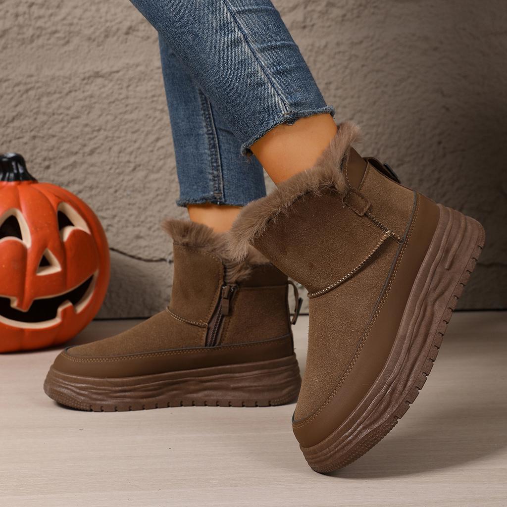 Fashion Chunky Platform Suede Snow Boots Women 2025 Winter Soft Thick Bottom Side Zip Fluffy Fur Ankle Boots Warm Plush Woman's Shoes