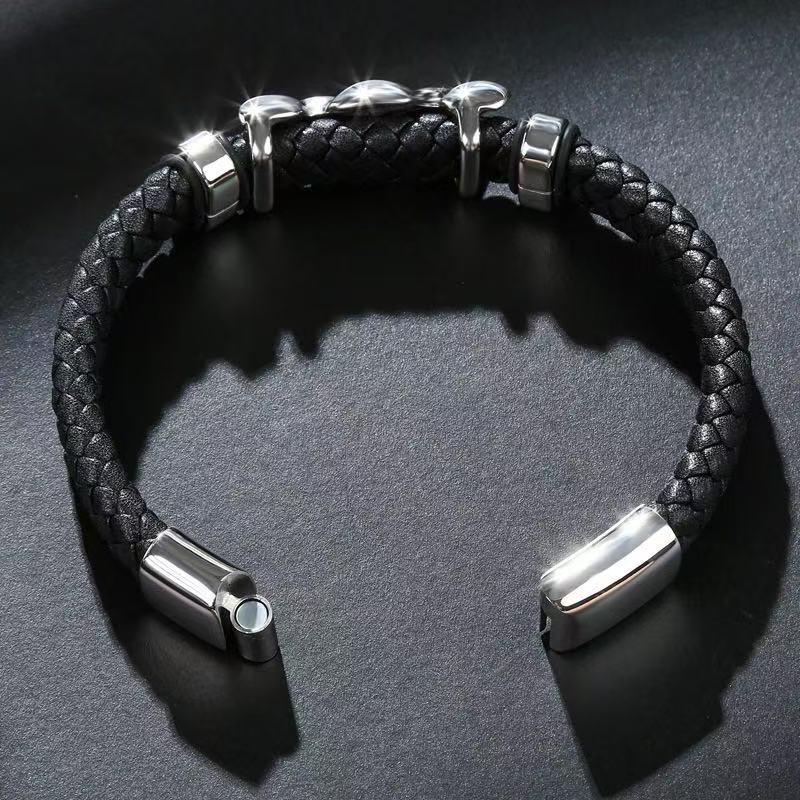 European/American Hip-Hop Punk Leather Woven Bracelet with Stainless Steel Flame Design
