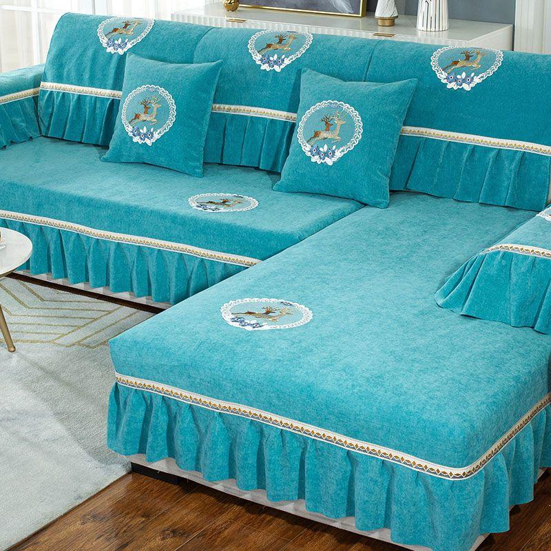 

Sofa Cushion High-End Luxury All Year Round Neutral Genuine Leather Non-Slip Fabric Combination Solid Wood Chaise Sofa Cover All-Inclusive Embroider Fawn Lake Blue 45*45 pillow case