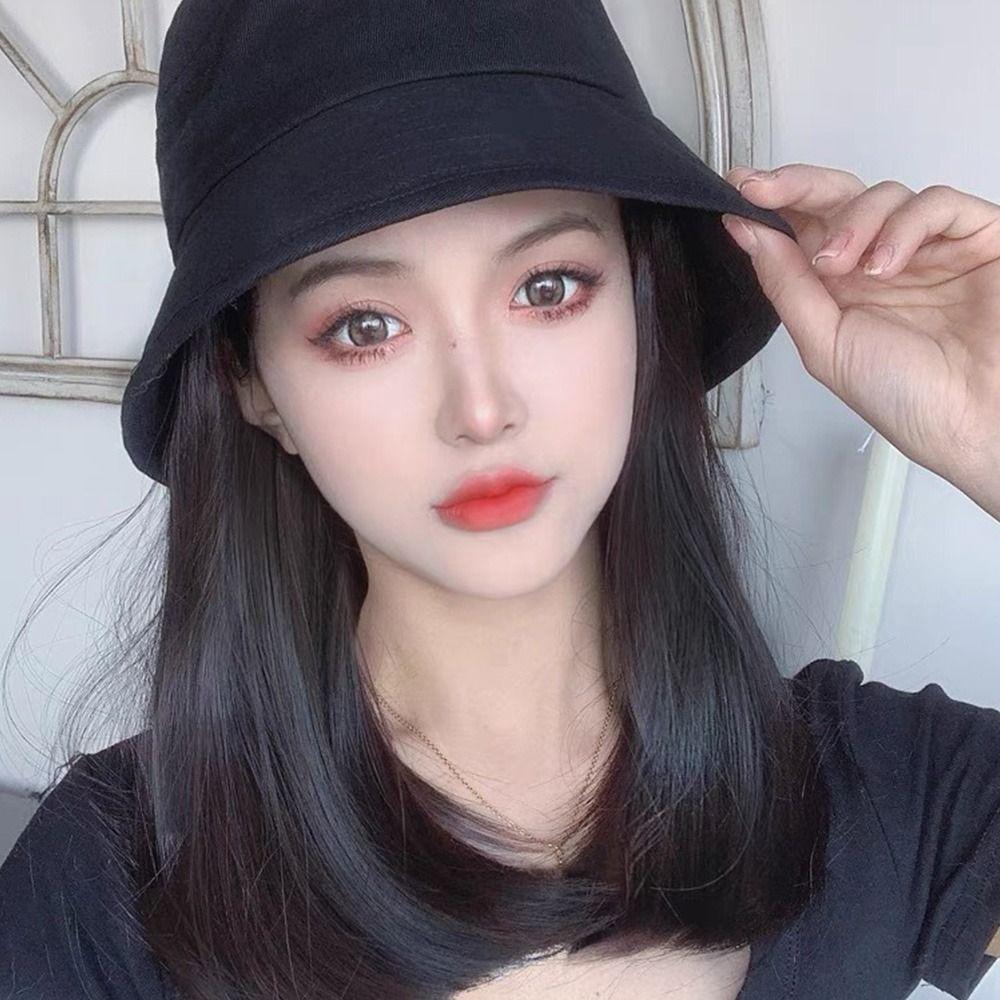 Fisherman's Cap Wig Female Inner Buckle Medium Length Straight Hair Wig Detachable Cap Wig Collarbone Wig