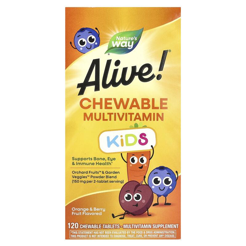 Alive!® Kids, Chewable Multivitamin, Ages 2+, Orange & Berry Fruit, 120 Chewable Tablets