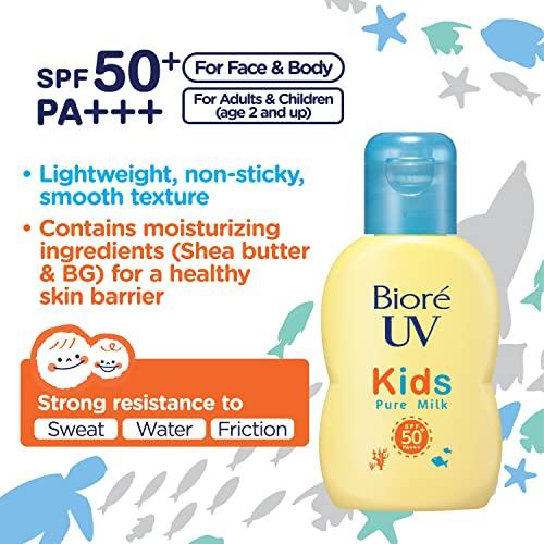 Biore UV Kids Pure Milk Sunscreen 70ml SPF50 / PA+++ features mineral barrier formula free absorbers designed unscented.