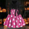Womens Casual Vintage Halloween Dress V Neck Long Sleeve Retro Ghost Print A Line Midi Dress with Waist Tie for Party